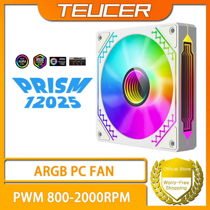 TEUCER 1PCS Prism12025 PC Case Fan 120mm 5V 3Pin ARGB Cyclic Mirror Light Effect PWM 800 to 2000RPM Cooling Fan