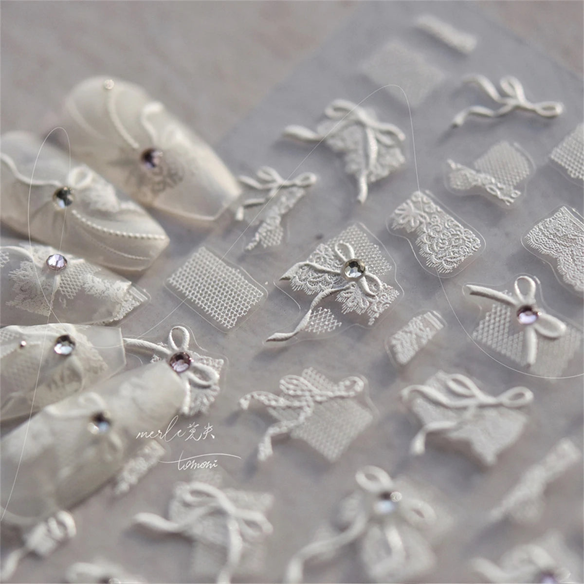 1pcs 5D Diamond Japanese White Lace Bow Nail Art Stickers Pearl Rhinestones Nail Decoration Adhesive Decals Slider DIY Accessory