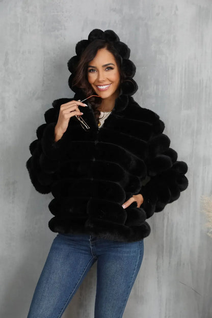 2026 Faux Fur Women Coats Hooded Full Sleeve Short Coat Zipper Thick Warm Solid Temperament Elegant Splice Autumn Winter