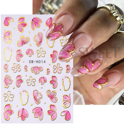 2/3pcs Golden Pink Hibiscus Flower Nail Stickers 3D Bronzing Border Petals Sakura Line Sliders Nail Decals DIY Manicure Decor