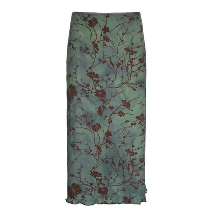 Harajuku Floral Print Long Skirt Vintage Low Rise Straight Midi Skirts for Women Autumn Basic All-match Skirts Ladies Y2k
