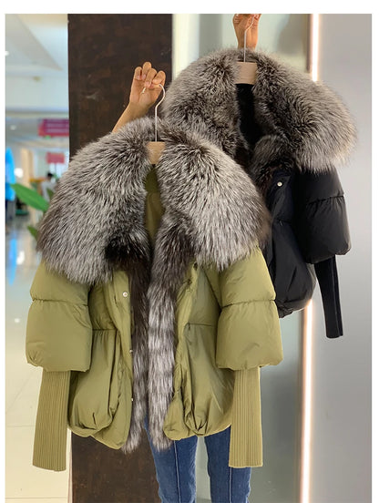 Oversized Winter Warm Real Fox Fur Collar Black Down Coat Women Puffer Outerwear Jackets 2024 Autumn Winter
