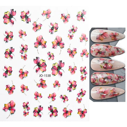 3d Nail Art Decals Watercolor Florals Purple Green Pink Flowers Leafs Fruit Adhesive Sliders Nail Stickers For Manicure