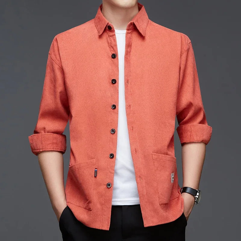 New Men Casual and Fashionable Long Sleeved Workwear Shirt Solid Color Comfortable and Breathable Versatile Top for All Seasons