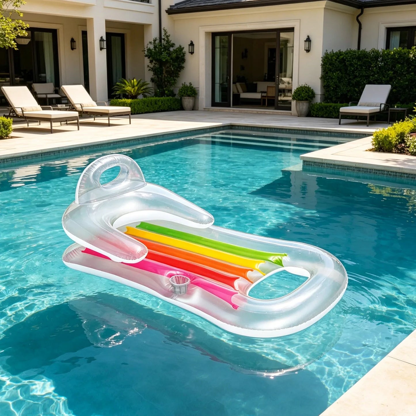 Inflatable Pool Mat with Backrest and Armrests, Integrated Cup Holder, Pvc Material, Two Colors Transparent and Blue