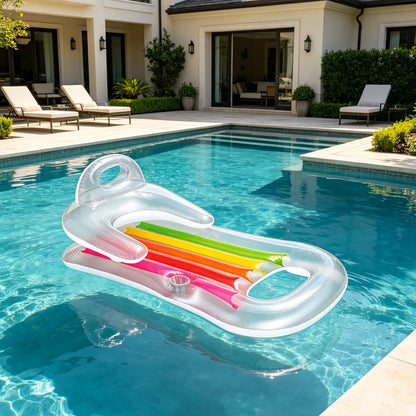 Inflatable Pool Mat with Backrest and Armrests, Integrated Cup Holder, Pvc Material, Two Colors Transparent and Blue
