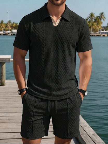 Mens Cream Polo Shirt and Shorts Set Casual Summer Beach Outfit Lightweight Comfortable Resort Vacation Wear