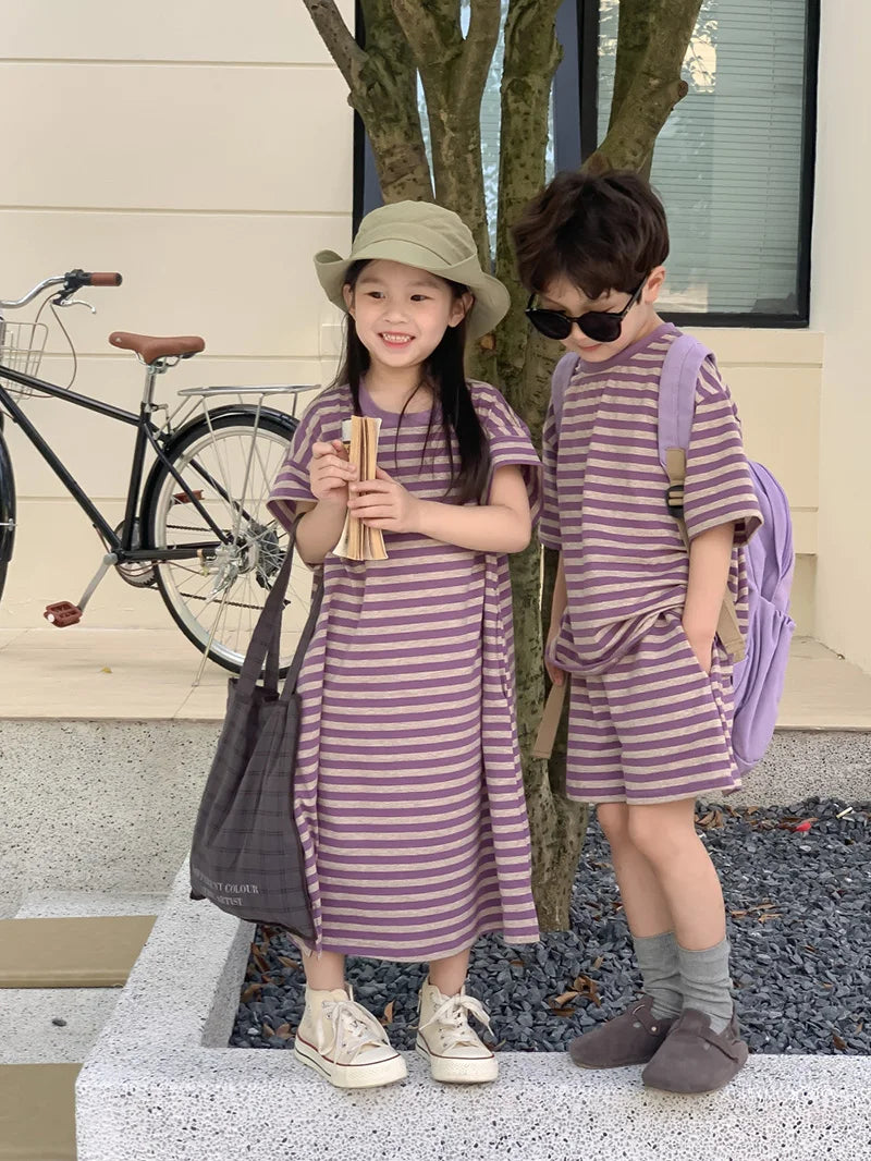 MILANCEL Summer Kids Clothing Set Striped Tee And Shorts Boys Casual Suit Girl Long Dress Brother And Sister Clothes