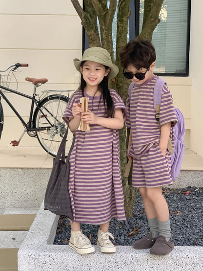 MILANCEL Summer Kids Clothing Set Striped Tee And Shorts Boys Casual Suit Girl Long Dress Brother And Sister Clothes