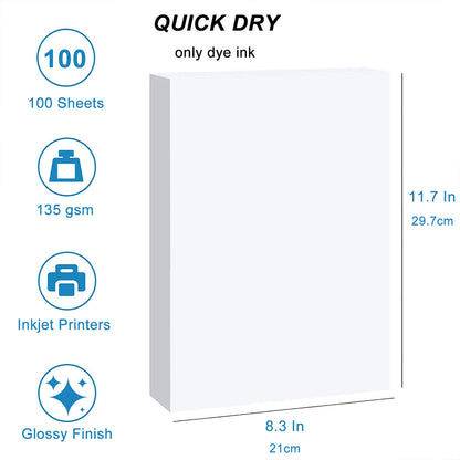 100 Sheets A4 Printable Single Side Photo Paper for Inkjet Printer, Bright Color, Suitable for Photography, Family, Festivals