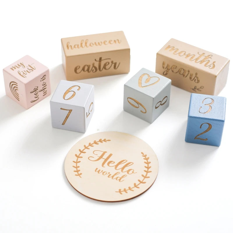 Baby Milestone Memorial Beech Wooden Blocks Quadrate Engraved Newborn Grow up Milestones Commemorate Block Photography Props