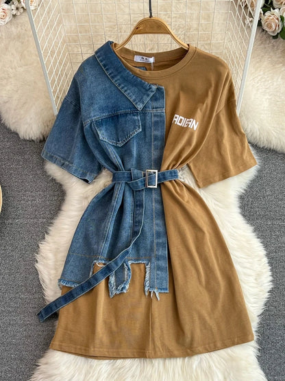 Retro Hong Kong Sle Chic Casual Mid-Length round Ne Patchwork Color Denim irt with Belt Spring New Women's Faion Top