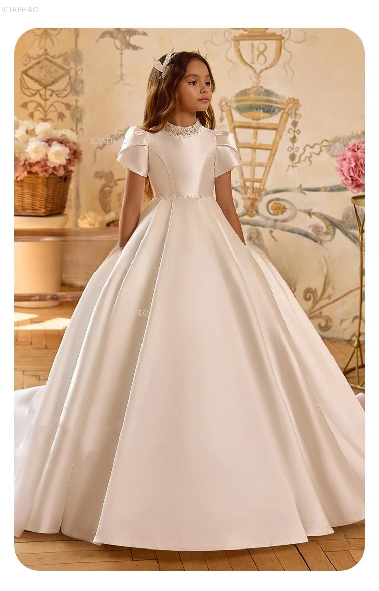 White Wedding Dress for Girls New Satin Princess Party Gown Clothes Children Birthday Host Piano Performance Pageant Costume