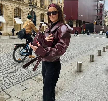 Vintage Lapel Leather Biker Jacket Women Bomber Jacket Short Coat Streetwear Zip Long Sleeve Windproof Outerwear Black Wine Red