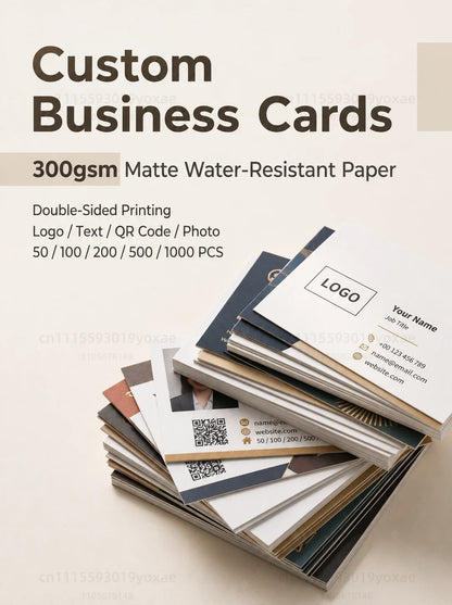 Custom Logo Business Cards 300gsm Matte Water-Resistant Paper Double-Sided Printing Text QR Code Photo 90x54mm 50-1000Pcs Set
