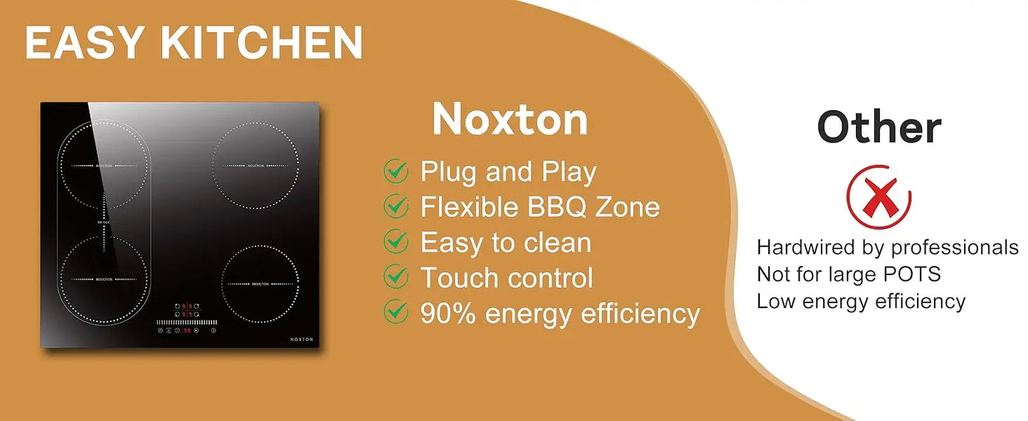 NOXTON White/Black Induction Hob Plug in, (UK:2800W/EU:3500W) 4 Zones with 1 Grill Zone, 60CM Touch, Safety Lock,Ceramic Glass
