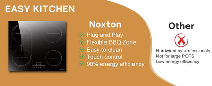 NOXTON White/Black Induction Hob Plug in, (UK:2800W/EU:3500W) 4 Zones with 1 Grill Zone, 60CM Touch, Safety Lock,Ceramic Glass