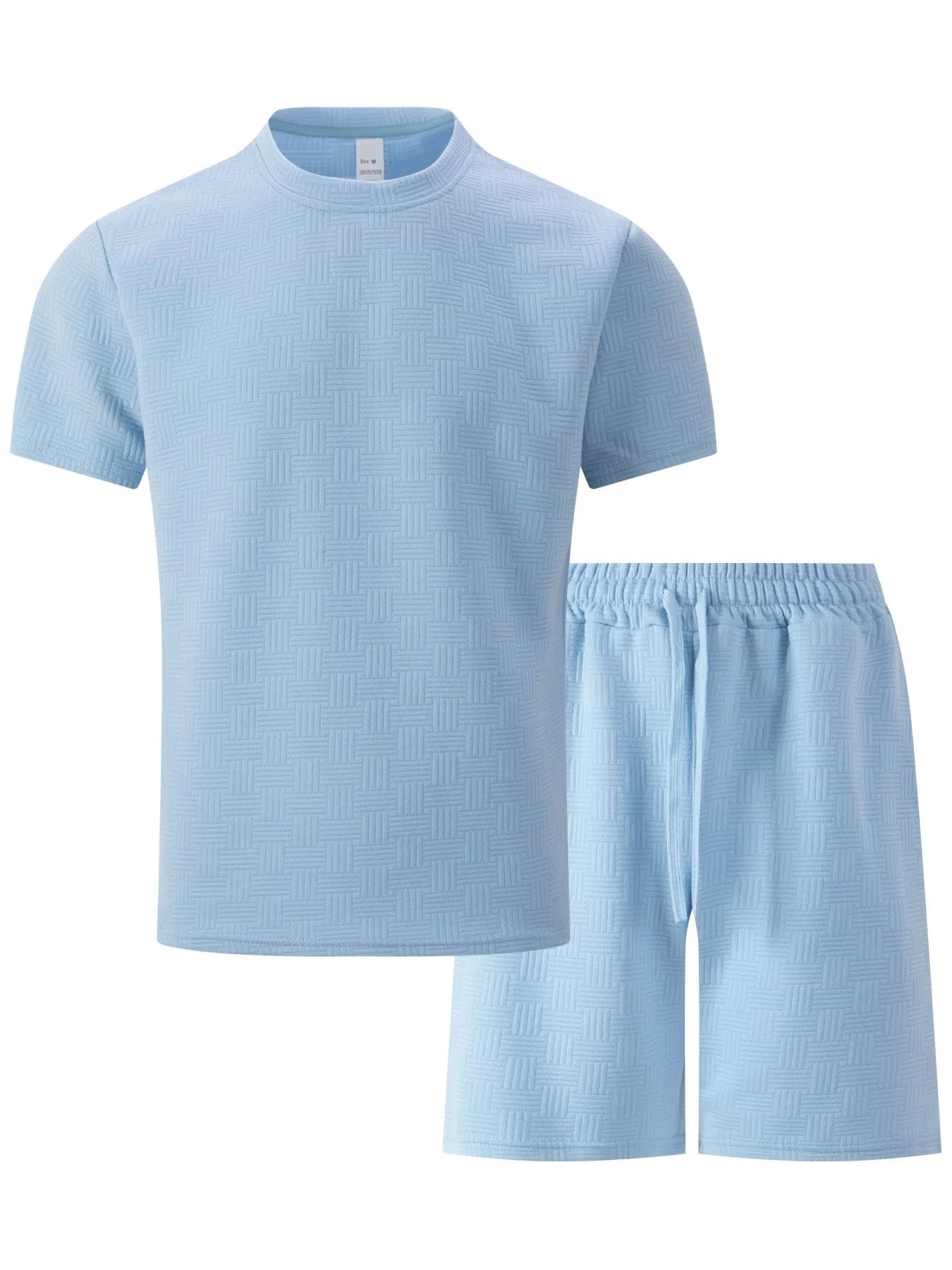 2025 summer new men's suit leisure solid color jacquard round neck fashion all-match short-sleeved T-shirt drawstring shorts set
