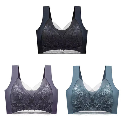 3Pcs Women Lace Bra Perspective Push Up Ice Silk Deep V Bralette Bra Sexy Lingerie Tops Plus Size Cup Mom's underwear L-5XL