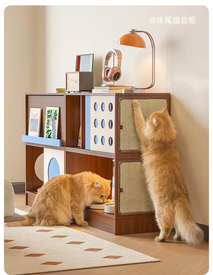 Triple-Function Cat House with Litter Box & Storage,Human-Pet Shared Furniture,Cat Tree Hut, Indoor Cat Den,Multi-Level Cat Fort