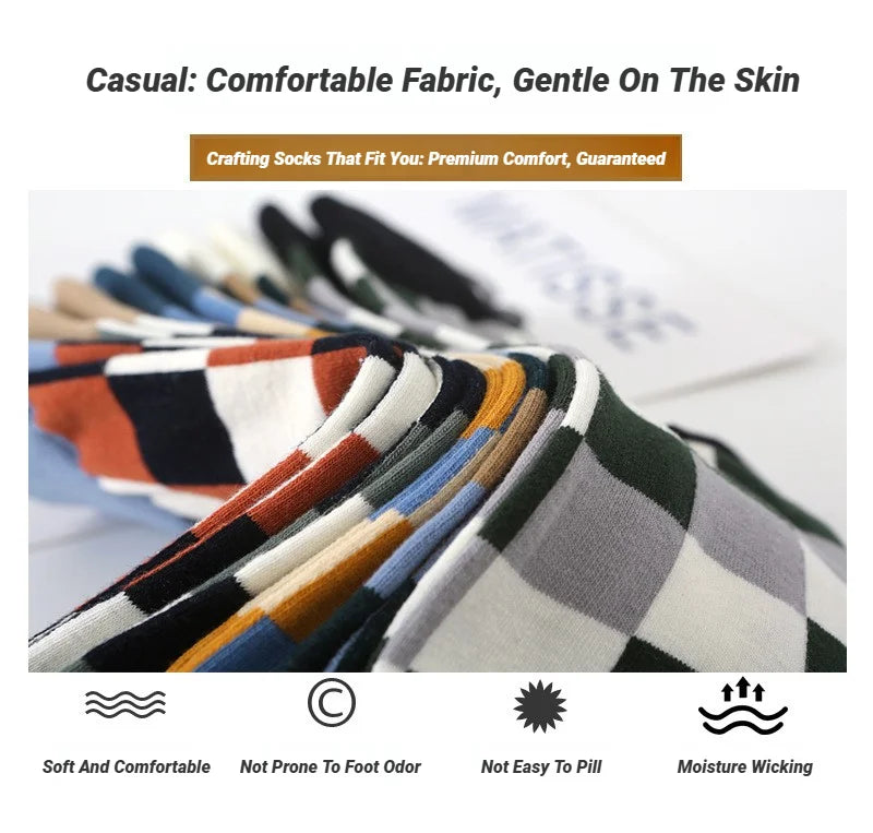 5 Pairs/Lot Combed Cotton Men's Socks Compression Fashion Colorful Square Happy Dress Men Casual Business Grid Gentleman British