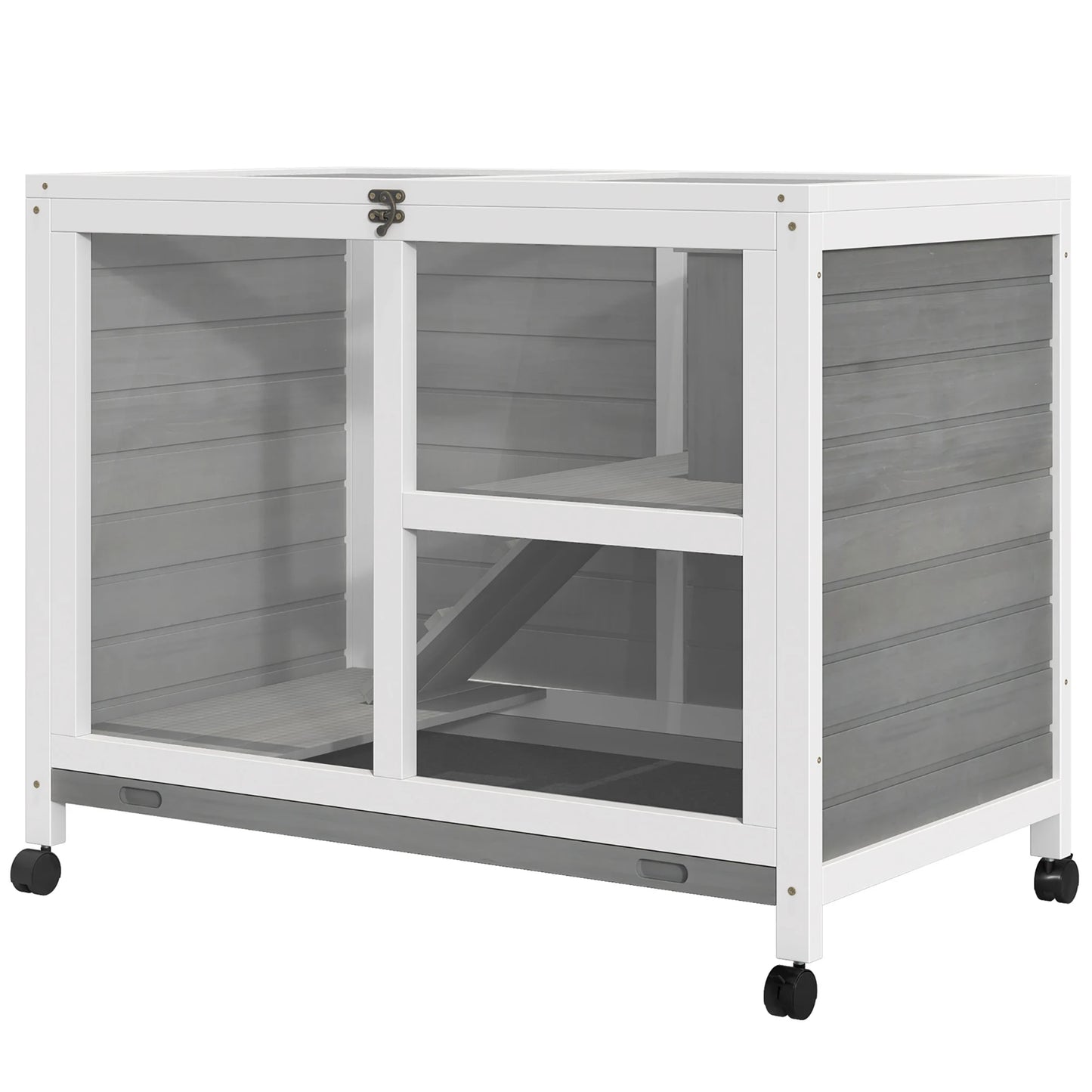 Hutcrate rabbit Cage on castors small solid drink animals enclosure 2 floors sunroof plates-forms x 91,5x73 cm Gray