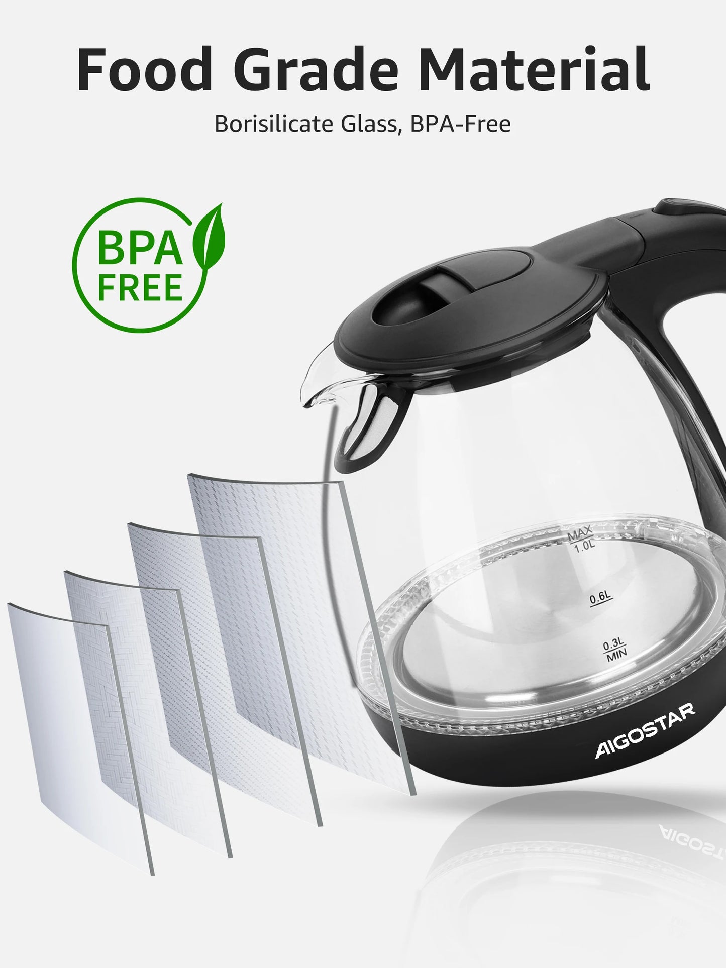 Aigostar Elfin Mini Borosilicate Glass Kettle with LED Lighting, 2200 W, 1 L Capacity, BPA-Free, Fast Boiling, Vacuum Protection