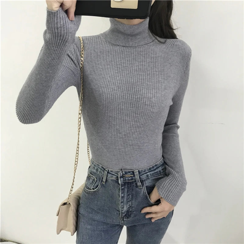 2026 Autumn Winter Sweater Women Knitted Ribbed Pullover Sweater Long Sleeve Turtleneck Slim Jumper Soft Warm Pull Femme