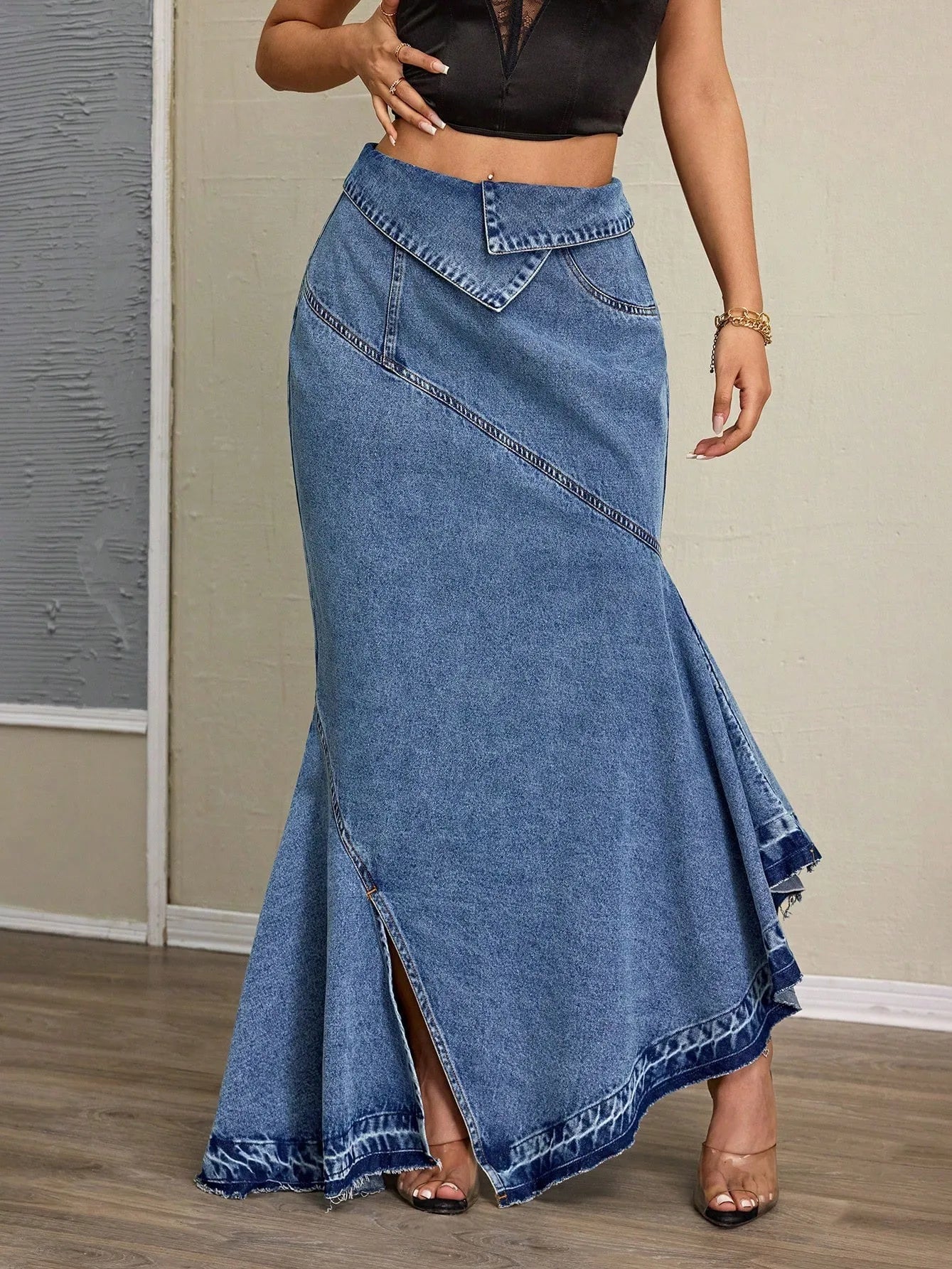 Women's Elegant A Line Mini Long Skirt For Women Wrinkle Free Patchwork Design For Woman Maxi Mermaid High Waist Asymmetrical