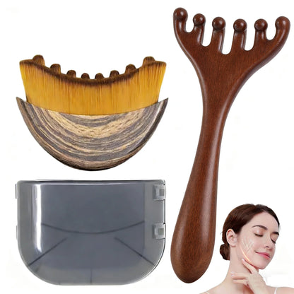 Lymphatic Contour Face Brush & Wooden Meridian Massage Comb Anti-static 6-Claw,Jawline Sculpting,Drainage Massager for Face&Head