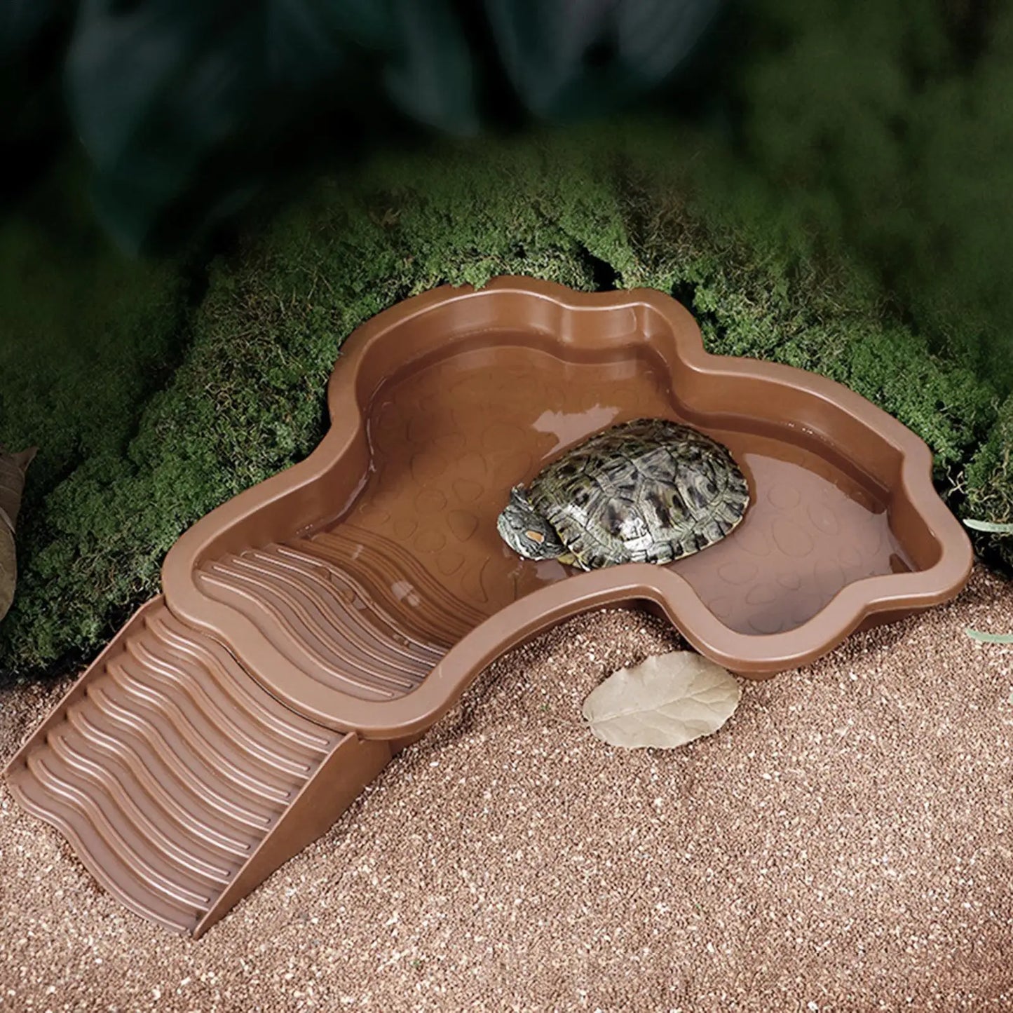 Reptile Bathing Pool with Ramp Turtle Soaking Tub Slip Proof Water Bowl for Tortoise Bearded Dragon Gecko Terrarium Decoration