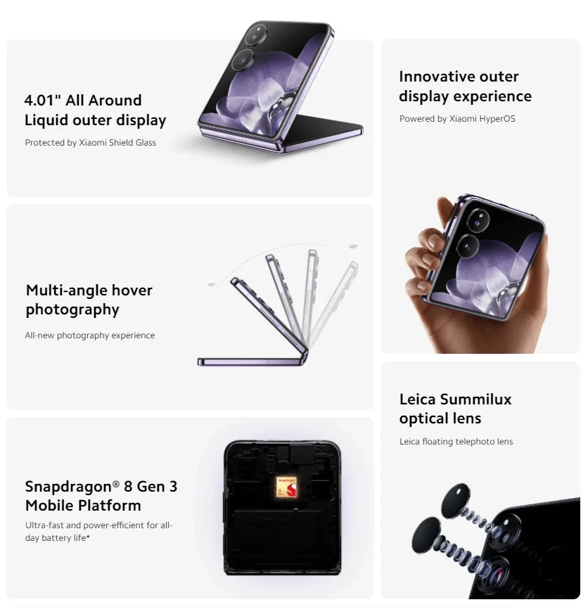 Global Version Xiaomi MIX Flip Dragon 8 Gen 3 device photo Leica 50MP Hyper charger screen "6,86Hz 67 W 12 Go