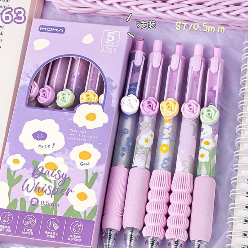 5Pcs Creative Rose Series 0.5mm Gel Pen Set Ultra Soft Silicone Pen Grip Quick-Drying Ink Pen Office Signature Pen