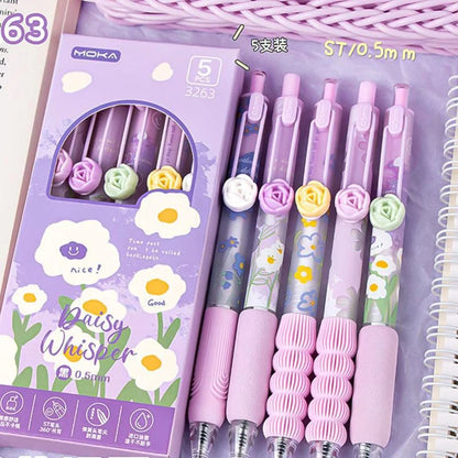 5Pcs Creative Rose Series 0.5mm Gel Pen Set Ultra Soft Silicone Pen Grip Quick-Drying Ink Pen Office Signature Pen