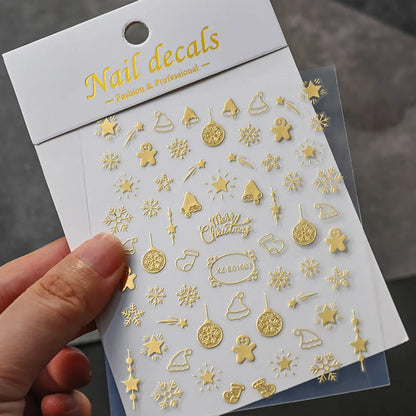 5D Embossed Gold Castle/Garland/Christmas Tree Nail Stickers White Snowflakes Bow Star Nail Decals Self-Adhesive Xmas Nail Decor