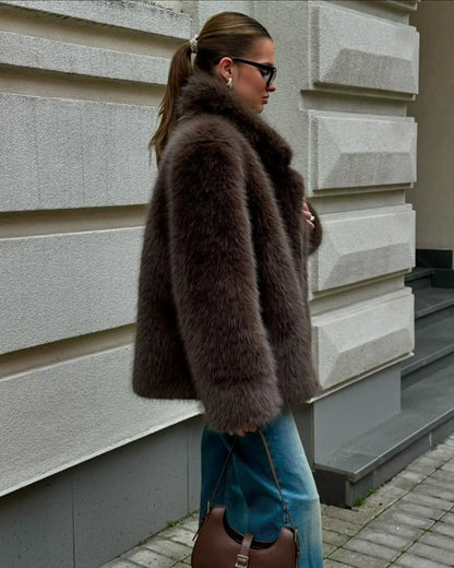 Faux Fox Fur Coats Women Solid Mid Length Jackets Lapel Collar Long Sleeve Furry Outerwear Thick Loose Casual 2025 Autumn Winter
