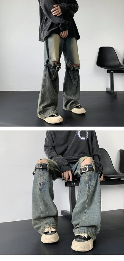 Men's Jeans Retro Trousers Knee Holes Splicing High Street Loose Denim Trousers Flared Jeans Straps Cowboy Casual Long Pants