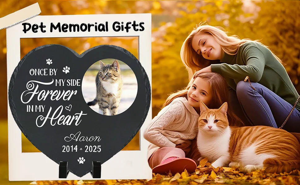 Personalized Pet Memorial Stone,Custom Cat Grave Marke Plaque With Photo&Name,Garden Slate Tombstone Pet Loss Remembrance Gift