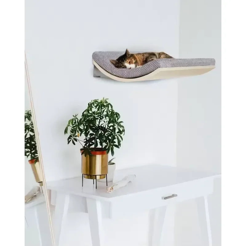 Custom Modern Wood Cat Climbing Frame Wall Mounted Shelves with Hammock and 3 Steps for Cats Furniture
