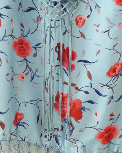 2026 Women Satin Floral Print Halter Neck Dress Fringe Trim Asymmetrical Hem Party Maxi Dress for Beach Vacation