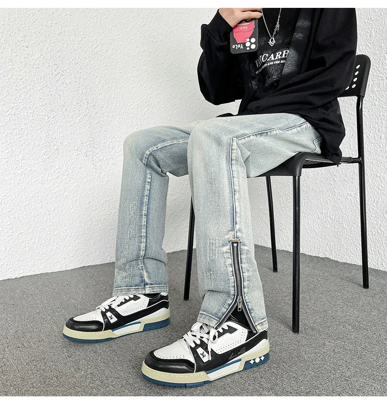 2024 Spring Autumn Korean Men Fashionable Retro Street Jeans Zip Design on Trouser Legs Straight-leg Denim Pants Men's Clothing