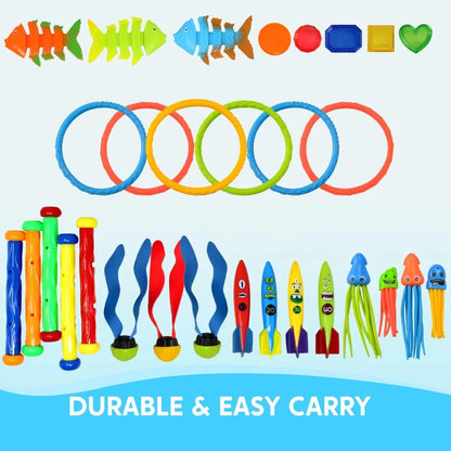 Joyfy 30 Pcs Diving Pool Toys Sinkers for kids with Storage Bag Includes 5 Diving Sticks 6 Diving Rings