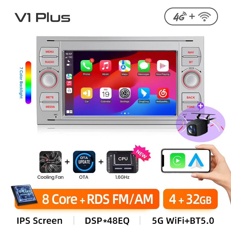 Junsun CarPlay Android Auto Radio for Ford Focus Mondeo Fiesta Transit Kuga C-Max S-Max Galaxy GPS Car Multimedia 2din autoradio