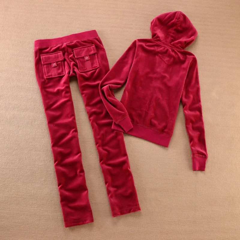 Solid Color Velvet Tracksuit 2025 Women's Zipper Top and Pants Suit Two-Piece Set