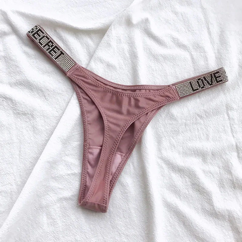 Low Waist Sexy Women Thongs Panties Rhinestones letter Diamonds G String Sports Thong Shorts Briefs T-back Fitness Size S-XL