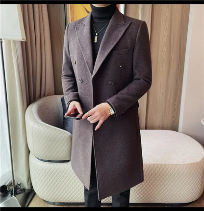 Autumn Winter Vintage Men's Woolen Long Coat Fashion Lapel High Quality Double Breasted Formal Men Slim Fit WindBreaker Overcoat