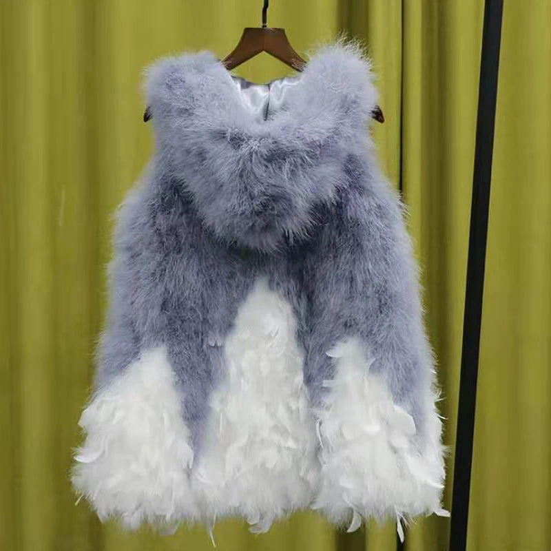 New Turkey feather waistcoat with hat and big swing, medium and long fur coat can be customized