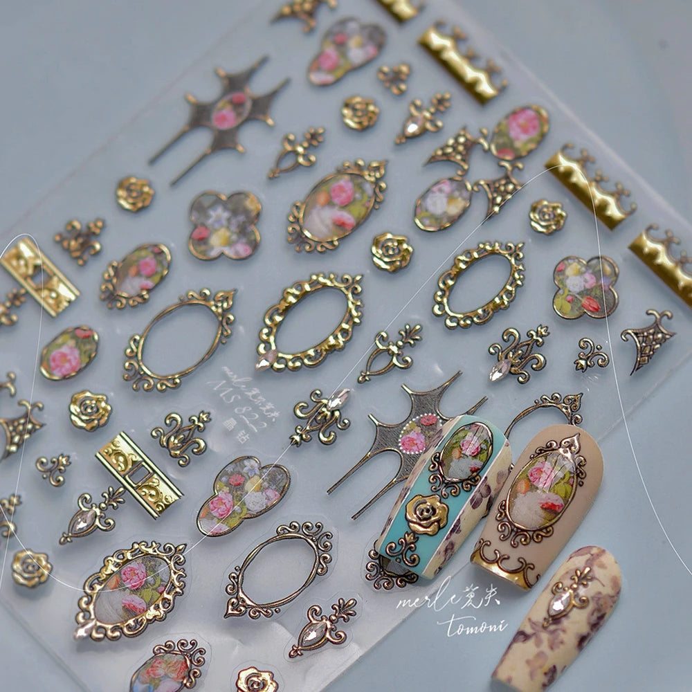 Luxury 5D Floral Nail Art Stickers Gold Silver Chinese Style Metal Frame Shiny Crystal Rhinestone Self Adhesive Manicure Decal