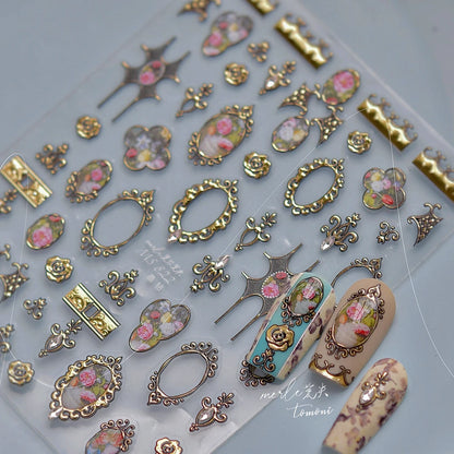 Luxury 5D Floral Nail Art Stickers Gold Silver Chinese Style Metal Frame Shiny Crystal Rhinestone Self Adhesive Manicure Decal