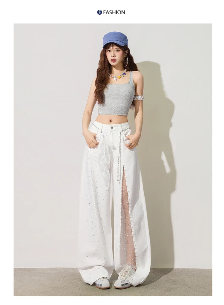 Women Jeans Pants Baggy Jeans Spring Flare Trousers Lace Applique Crystal Wide Leg Pearl Slit Distressed Design